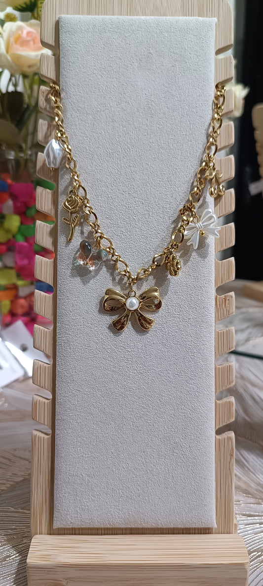 Floral Fantasy Butterfly Bow Charm Necklace